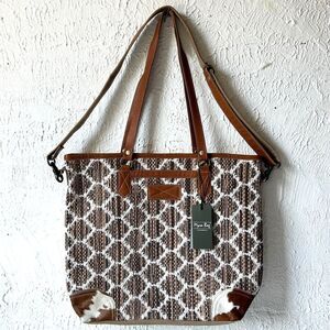 Myra Bag Perfect Match Upcycled Brown Ivory Canvas Cowhide Tote Crossbody Purse